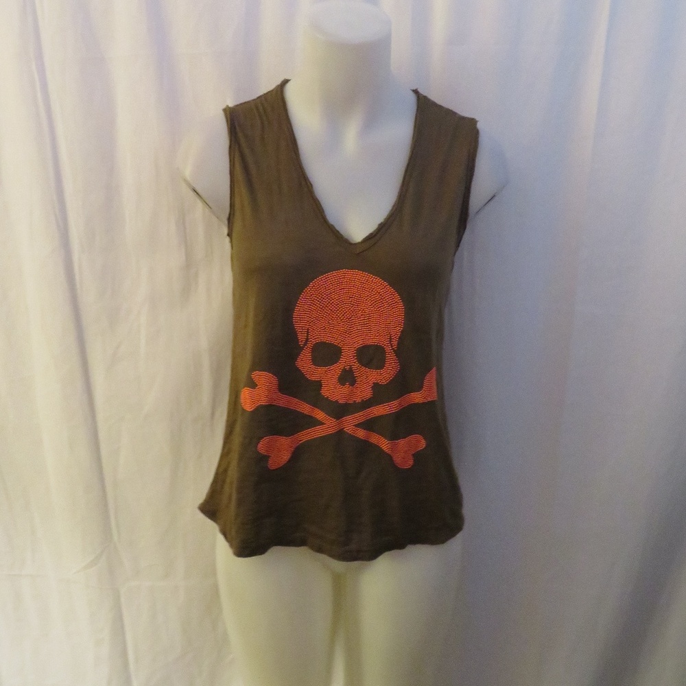 E.VIL OLIVE BROWN/ORANGE "SKULL" PRINT TANK TOP XS